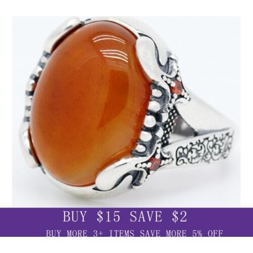 Big Red Natural Agate Stone Pure 925 Sterling Silver Ring For Men Lines Red CZ Stone Vintage Party Ring Cool Style Turkey Ring