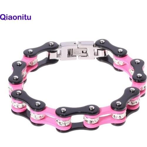 Punk Pink Bicycle Bike Chain Bracelet For Women Men Stainless Steel 316L Female Crystal Motorcycle Biker Bracelets Jewelry 2020