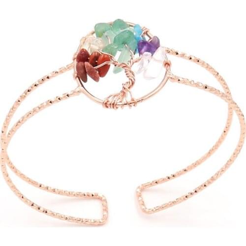 7 Chakra Rose Gold Color Oval Tree Natural Labradorite Amethysts Quartz Stone Adjustable Cuff Bangle Wrist Bracelets for Women