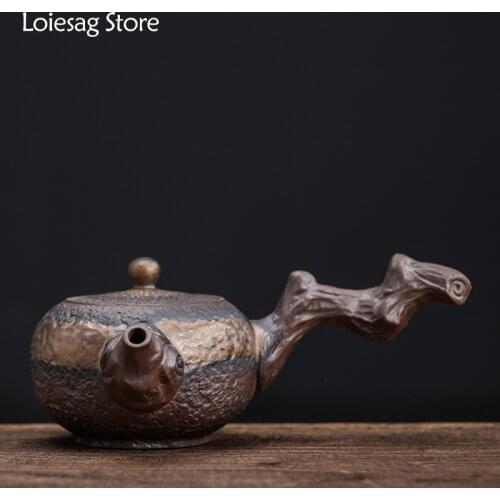 Loiesag 230ml Withered Wood Side Handle Teapots Chinese Style Stoneware Handmade Ceramic Kung Fu Tea Set Gilt Iron Glaze Tea Pot