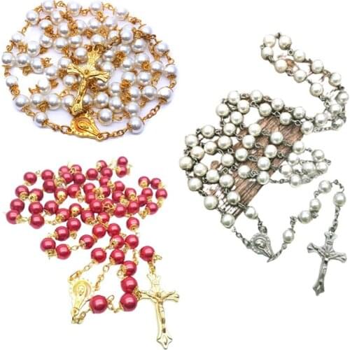 4mm Catholic Rosary Metal And Pearl Beads Necklace Jewelry Religious Bead Blessed Virgin Mary With Jesus Cross