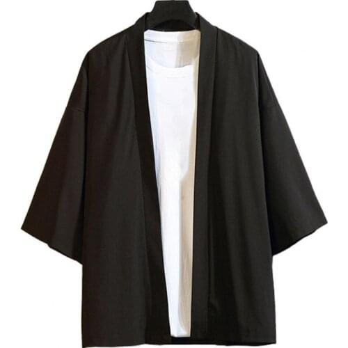 Open Front Kimono Yukata Cardigan Shirt Chinese Style Retro Shirt Men 3/4 Sleeve Solid Color Shirt Male Outwear кимоно мужское