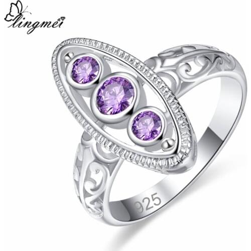 Lingmei New Comes Saucy Round Cut Purple & Pink White CZ Silver Color Ring Size 6-9 Women Wedding Fashion Jewelry Wholesale Gift