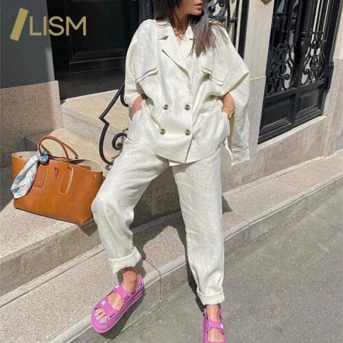 LISM Cotton Linen Solid Two Piece Set Winter Women Long Sleeve Coat+Pants Outfits Clothes Female Wonen Clothing Matching Sets