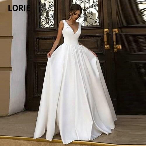 LORIE White Satin Beach Wedding Dresses V-neck Sleeveless Corset Lacing Boho Bridal Gown Plus Size Elegant Simple Princess Dress