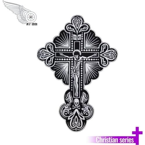 Jesus cross Motorcycle Biker Rider Embroidered Iron On Back of Jacket Patch DIY Eco-Friendly Free Shipping black twill fabric