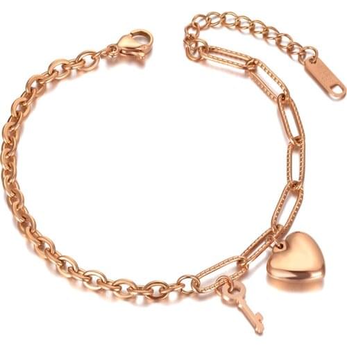 Stainless Steel Key & Heart Charm Bracelets For Women Girl Bohemia Rose Gold Chain & Link Bracelet Jewelry B20067