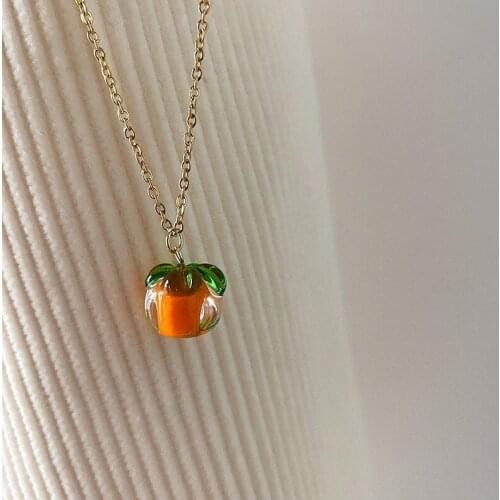 Origin Summer Vintage Cute Persimmon Pendant Necklace for Women Korean Fashion Green Leaf Fruit Necklace Jewelry Accessories