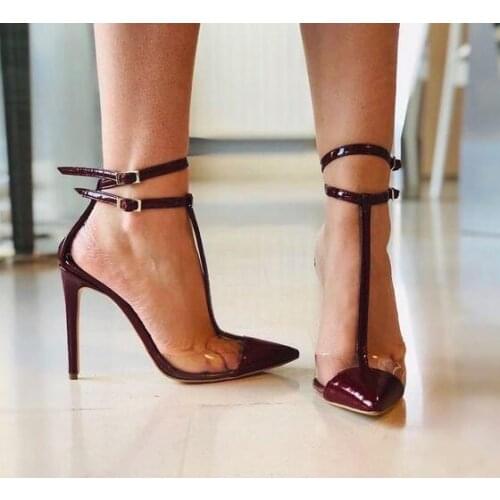 Sexy Burgundy Patent Leather Women T-bar Shoes Double Ankle Strap Pointed Toe PVC Wedding Shoes Bride Cut-out Pumps Shoes Women