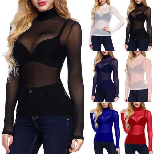 Sheer Mesh Shirt Autumn Women Long Sleeve High Neck Arm Shaper Top Casual Shirt See Through Top Party Club Slim Clothes
