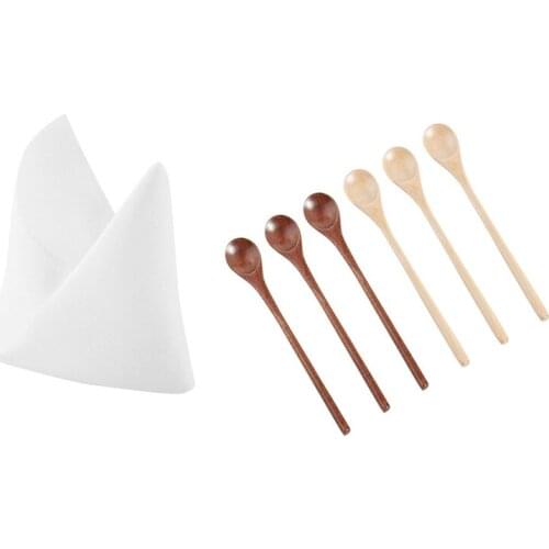 10Pcs Polyester Fabric Napkin Solid Polyester Machine Washable Napkins with 6Pcs Wooden Spoon,Long Handle Wood Spoons