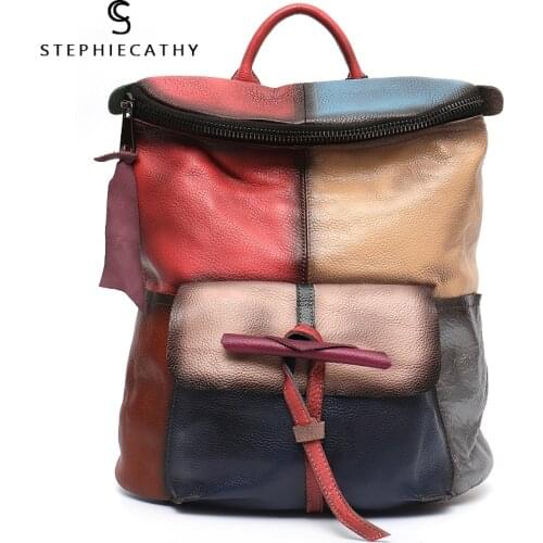 SC Unique Design Multi Color Cow Leather Girl School Backpack Large Paint Patchwork Genuine Leather Shoulder Bag Femal knapsack