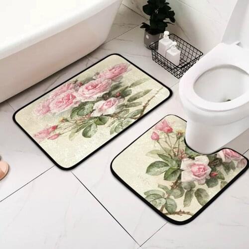 Vintage Shabby Floral Print 2 Pieces Bathroom Mat Set Faux Plush Non-slip Water Absorbent Bath Toilet Carpet Shower Room Mat