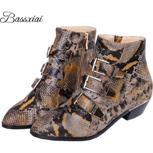 Studded Buckle Ankle Boots Women Thick Heel Point Toe Side Zip Genuine Leather Autumn Winter Modern Booties For Girls