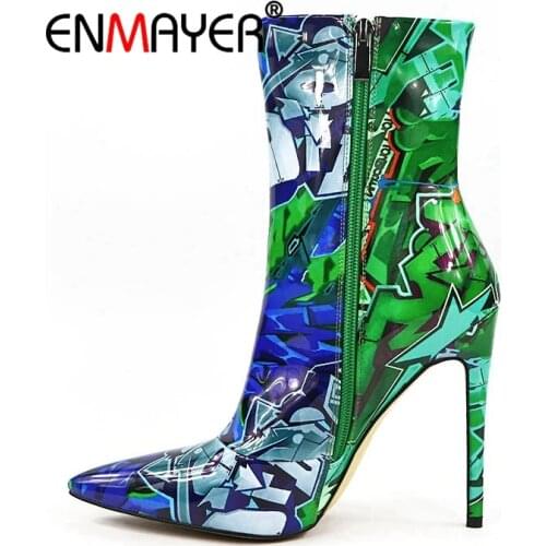ENMAYER PU Mid-Calf Zip winter boots women Basic Pointed Toe Super High Thin Heels botas mujer invierno boots size 35-45 LY1250