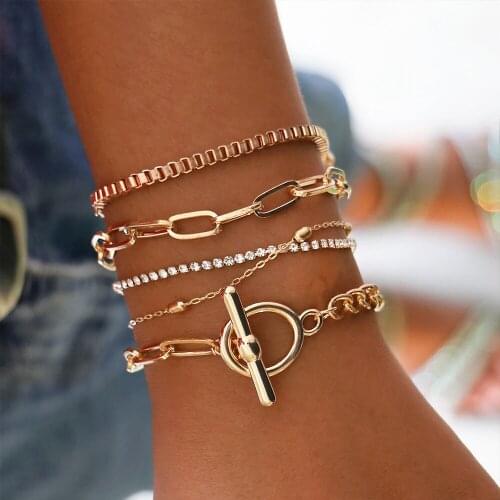Female Bracelets Fashion Box Chain Crystal Cup Claw Geometry Gold Bracelet Set Simple Women Wedding Party Jewelry Accessories