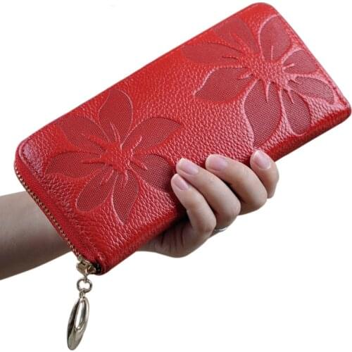 Female Purse Genuine Leather Women Wallet New Fashion Style best Zip Flower pattern Lady Long Wallet black Purse Handy Handbag
