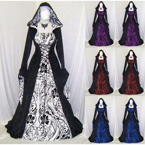 Vintage Dress Women Long Sleeve Floor Length Gothic Hooded Maxi Dress Halloween Cosplay Retro Medieval Plus Size Dresses