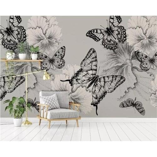 Beibehang personality silk material 3d wallpaper hand-painted Black and white butterfly flower TV background wall 3d wallpaper