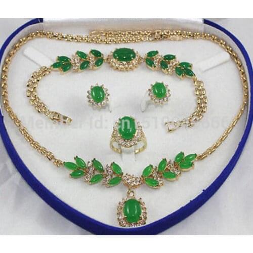 Free Shipping Plated Inlay Green jade Necklace Bracelet Ring Earring set AAA