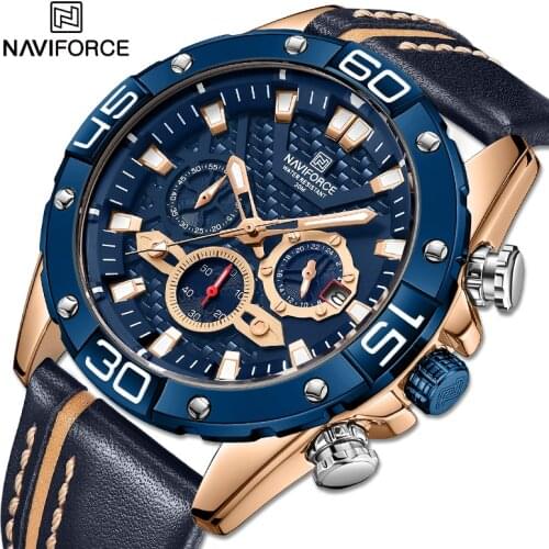 NAVIFORCE Mens Watches Military Sport Quartz Wrist watch Luxury High Quality Leather Waterproof 1/10 Second Chronograph Clock