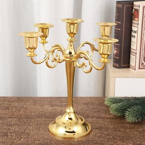 H 27cm European carved 5arm metal candle holders gold candle holderswith flower plate for candles wedding decoration ZT015