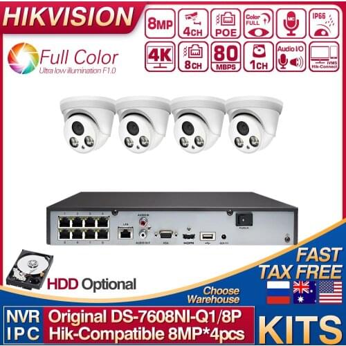 Hikvision Compatible Kit DS-7608NI-Q1/8P 8POE NVR With 4K Full-color IP Camera POE Built-in MIC 4PCS Security Protection 4K CCTV