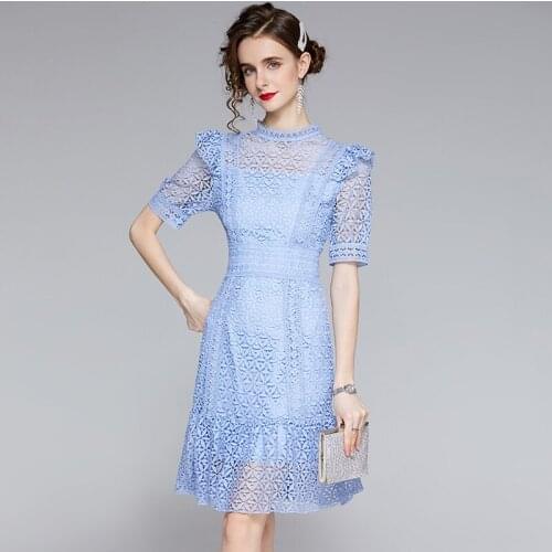 JSXDHK High Quality Elegant Women Hook Flower Mermaid Dress 2021 New Summer Ruffles Hollow Out Blue Bodycon Slim Waist Dress
