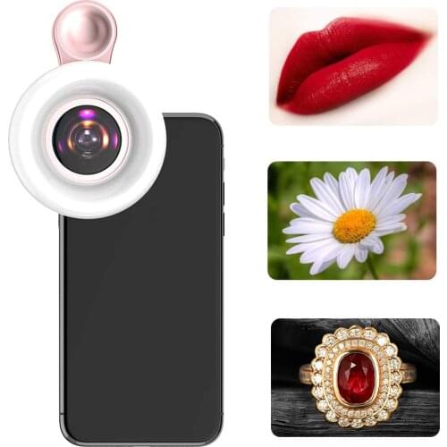 Phone Ring Light Clip on 2-in-1 15 x Macro Lens with 3 Light Modes Close-Shot Fill Light For beauty industry