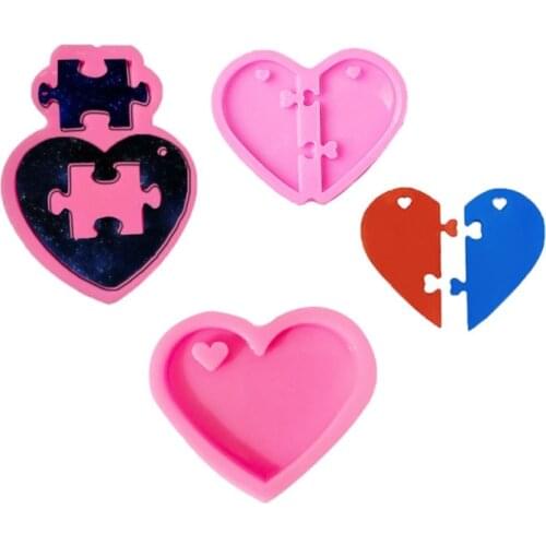 3 Pcs Love Heart Jigsaw Keychain Epoxy Resin Mold Jewelry Pendant Silicone Mould DIY Crafts Ornaments Casting Mold