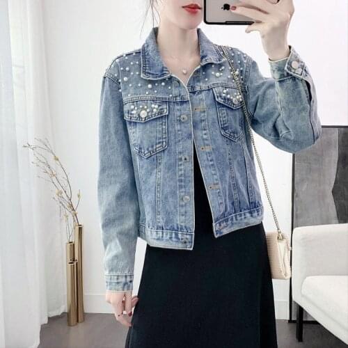 New spring womens denim jacket Korean all-match jacket beaded short loose long-sleeved large size denim jacket woman top