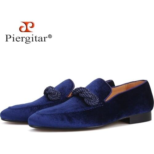 Piergitar 2019 handmade men velvet loafers with navy rape Italian design men smoking slippers banquet and prom mens casual shoe