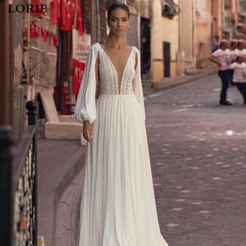 LORIE Beach Wedding Dresses A Line Puff Sleeve Lace Chiffon Bride Dress Floor Length Lace Wedding Gowns