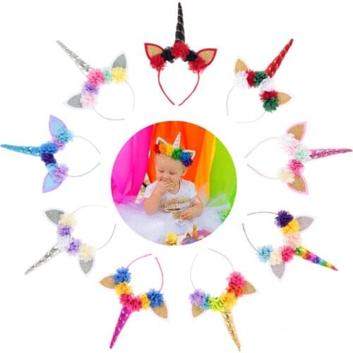 Fashion Kids Party Gold Silver Rainbow Unicorn Horn Headband Chiffon Flower Horn Girls Birthday Hair Band Hair Accessories
