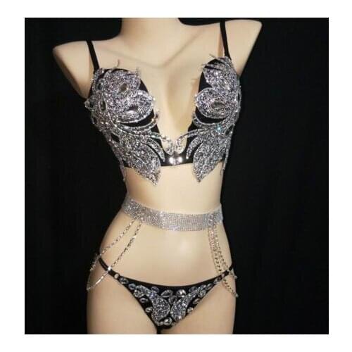 New Bright Bikini Rhinestones Bra Low Waist Short Underwear Sequins Dance Wear Two Piece Set Womens Dress Sexy Dance Costume