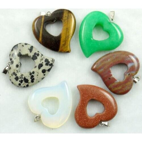 Natural Stone Turquoise Quartz Crystal Lapis Opal Tiger Eye Heart Pendant charm For DIY Jewelry Making Necklace Accessories 6pcs