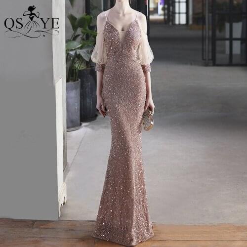 Tulle Puffy Sleeves Gold Evening Dress Mermaid Sequin Prom Gown Spaghetti Straps Party Dress V Neck Formal Gown Women Dress Vest