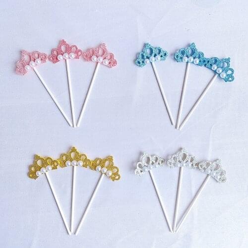 3PCS/SET Shiny Crown Pearl Birthday Party Decorations Cupcake Toppers Picks,Boys Baby Shower Party Cake Accessory