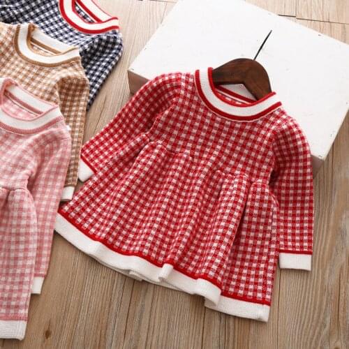 Toddler Girl Spring Autumn Dresses Baby Long Sleeve Sweater Knit Plaid Princess Kids Dresses for Little girls Dress Clothing