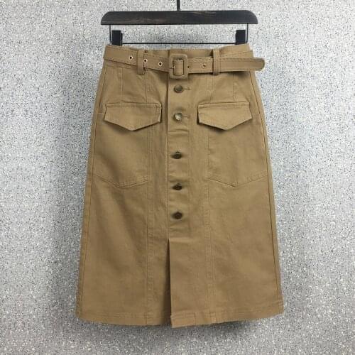 Summer Spring Womens High Waisted Stretchy Button Fly Khaki Black Denim Skirt , Korean Skinny Pencil Jeans Skirt for Woman