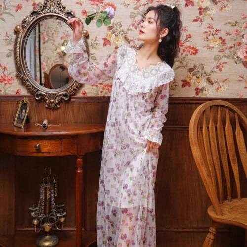 Spring Long-sleeved Nightgowns Retro Sweet Princess Long Skirt Loose Plus Size Print Women Nightwear Long Sleeve Night Dress