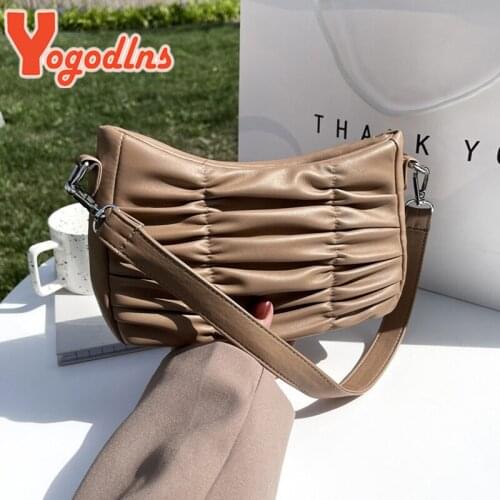 Yogodlns Luxury Pleated Shoulder Bag Women Simple PU Leather Baguette Bag Designer Armpit Handbag Casual Lady Underarm Pouch Sac