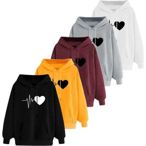 Valentines Day Fashion Women Long Sleeve Hoodies Ecg Heart printing Casual Pullover Sweatshirts Tops with Pocket