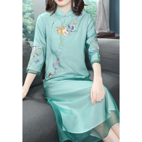 Spring original design Chinese Han style flower and golden fish Embroidered big size retro organza cheongsam dress for women