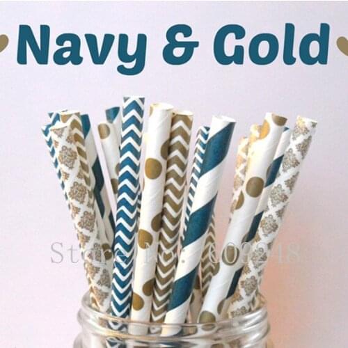 125pcs Mixed Colors Navy & Gold Wedding Paper Straws,Navy Stripe and Chevron,Gold Dot,Damask and Zig Zag,Fall,Winter Party,Bulk