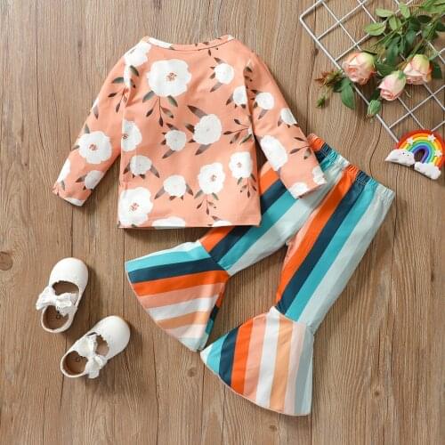 2Pcs Baby Autumn Outfits, Floral Long Sleeves T-Shirt + Rainbow Stripe Bell-Bottom Pants for Little Girls, 1-5 Years 2021 New
