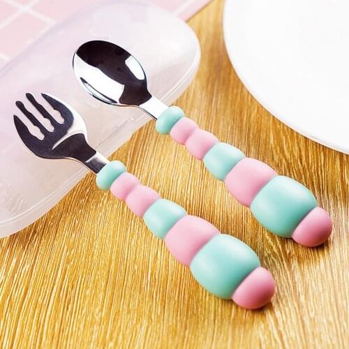2Pcs/Set Baby Tablewares Children Utensil BPA-free Easy to Grip Stainless Steel Infant Training Spoon Fork Kit for Dining