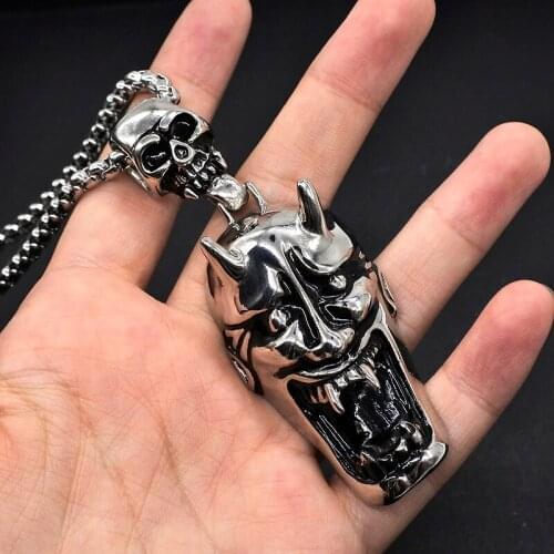 AMUMIU Monster Skull Pendant Punk Retro Jewelry Silver Color Heavy Long Necklace Stainless steel for Man Gift P080
