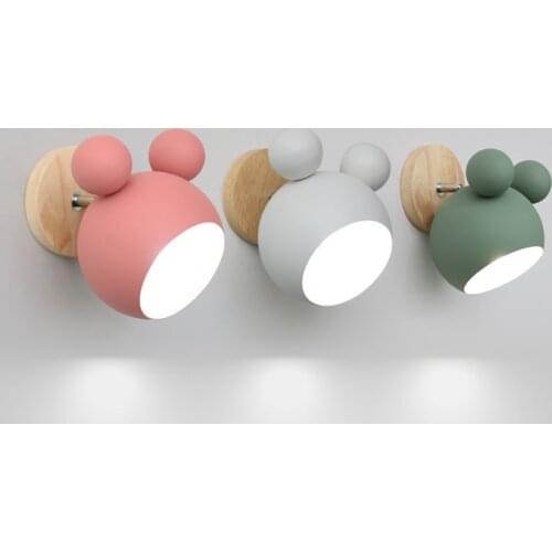 Cartoon Mickey Head Wood Wall Lamps Pink Childrens Room Bedroom Study Corridor Aisle Lamp Home Deco Luminaires Bathroom Light