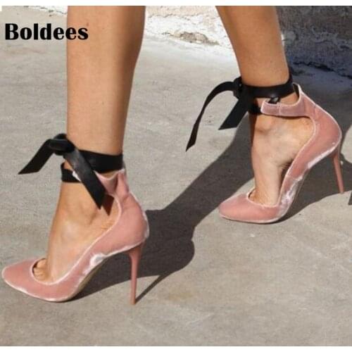 Designer Pink Black Velvet Satin Tie Up Pumps Pointed Toe Ankle Strap Women Party Dress shoes woman Bride Pump